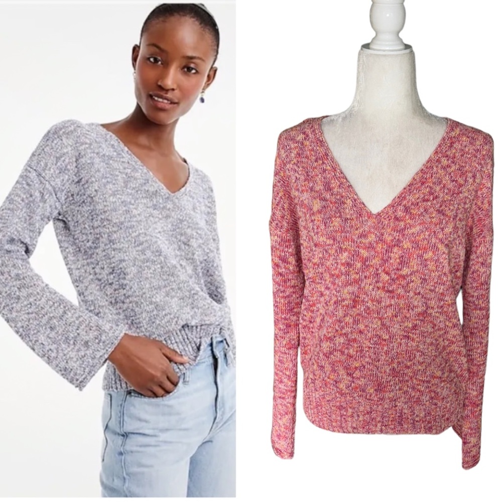 J. Crew Flared Sleeve Pink & Orange Marled V-Neck Sweater - M